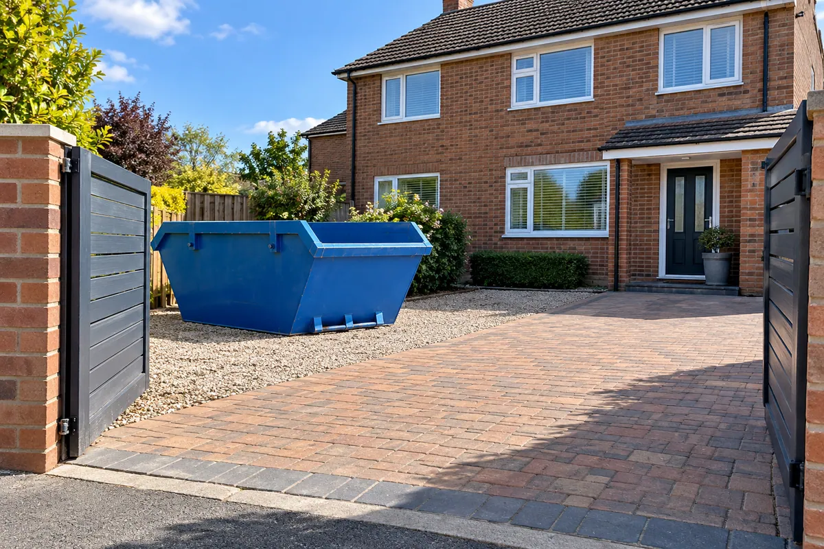 Clear entrance and access beside a blue skip