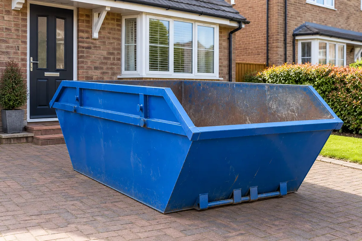 Blue builders’ skip on a private driveway