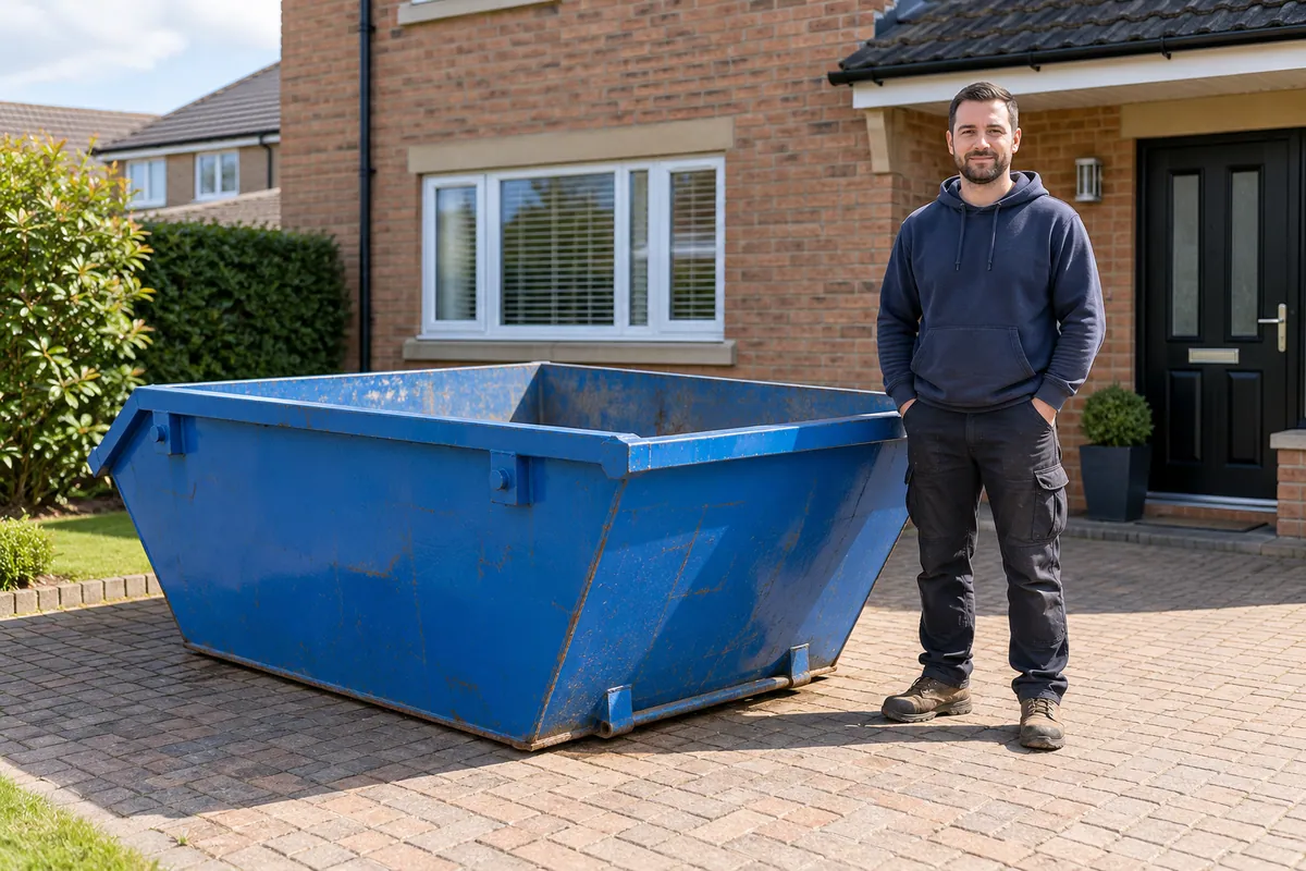Adult standing beside a 4 yard skip for scale