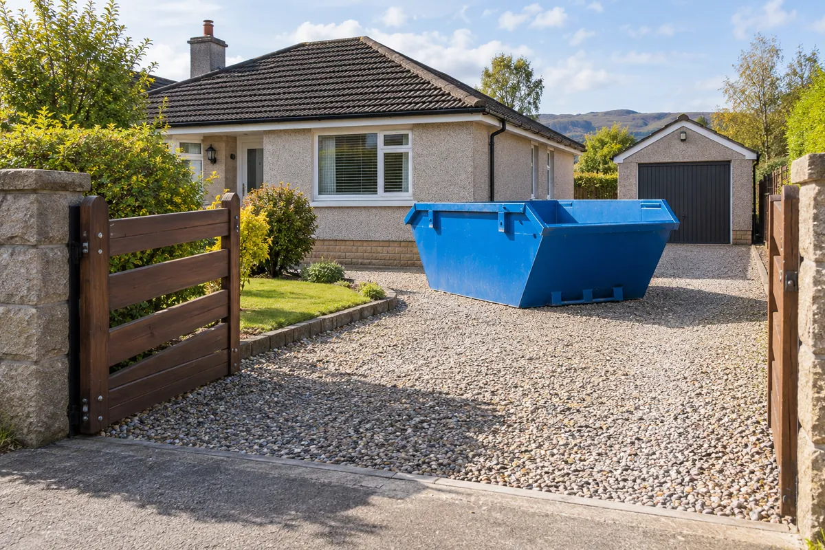 Clear entrance and access beside a blue skip