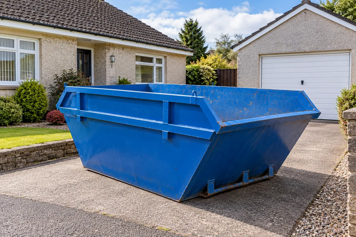 Blue builders’ skip on a private driveway