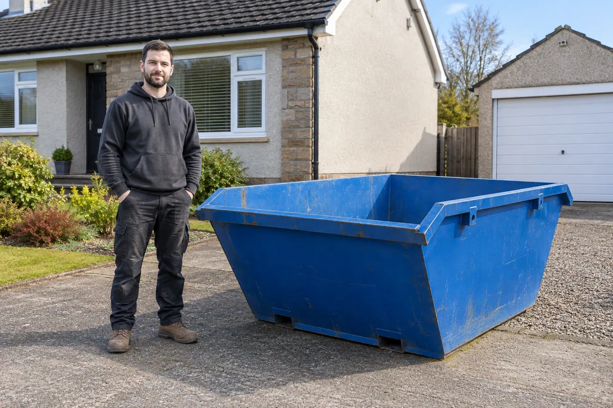 Adult standing beside a 4 yard skip for scale