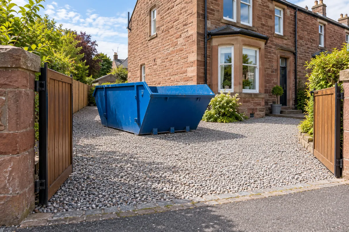 Clear entrance and access beside a blue skip