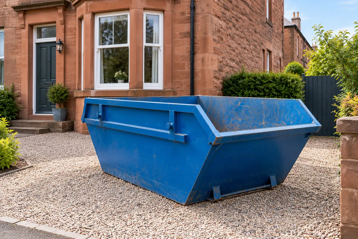Blue builders’ skip on a private driveway