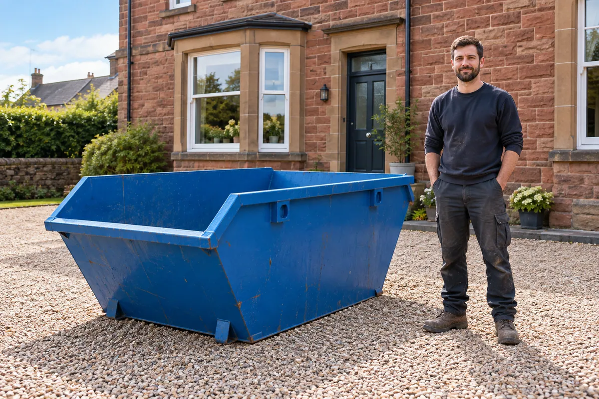 Adult standing beside a 4 yard skip for scale
