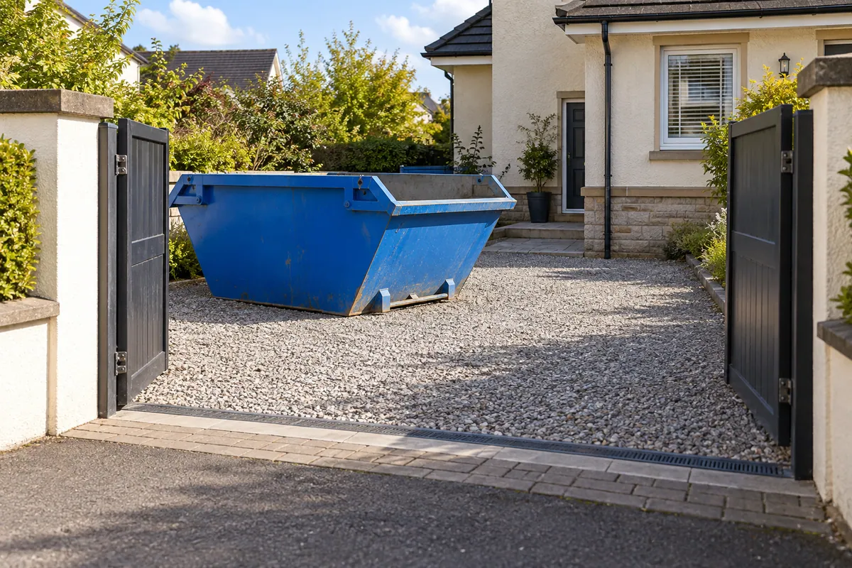 Clear entrance and access beside a blue skip