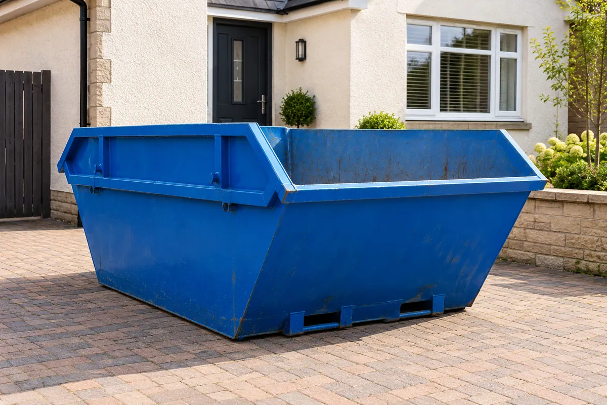 Blue builders’ skip on a private driveway