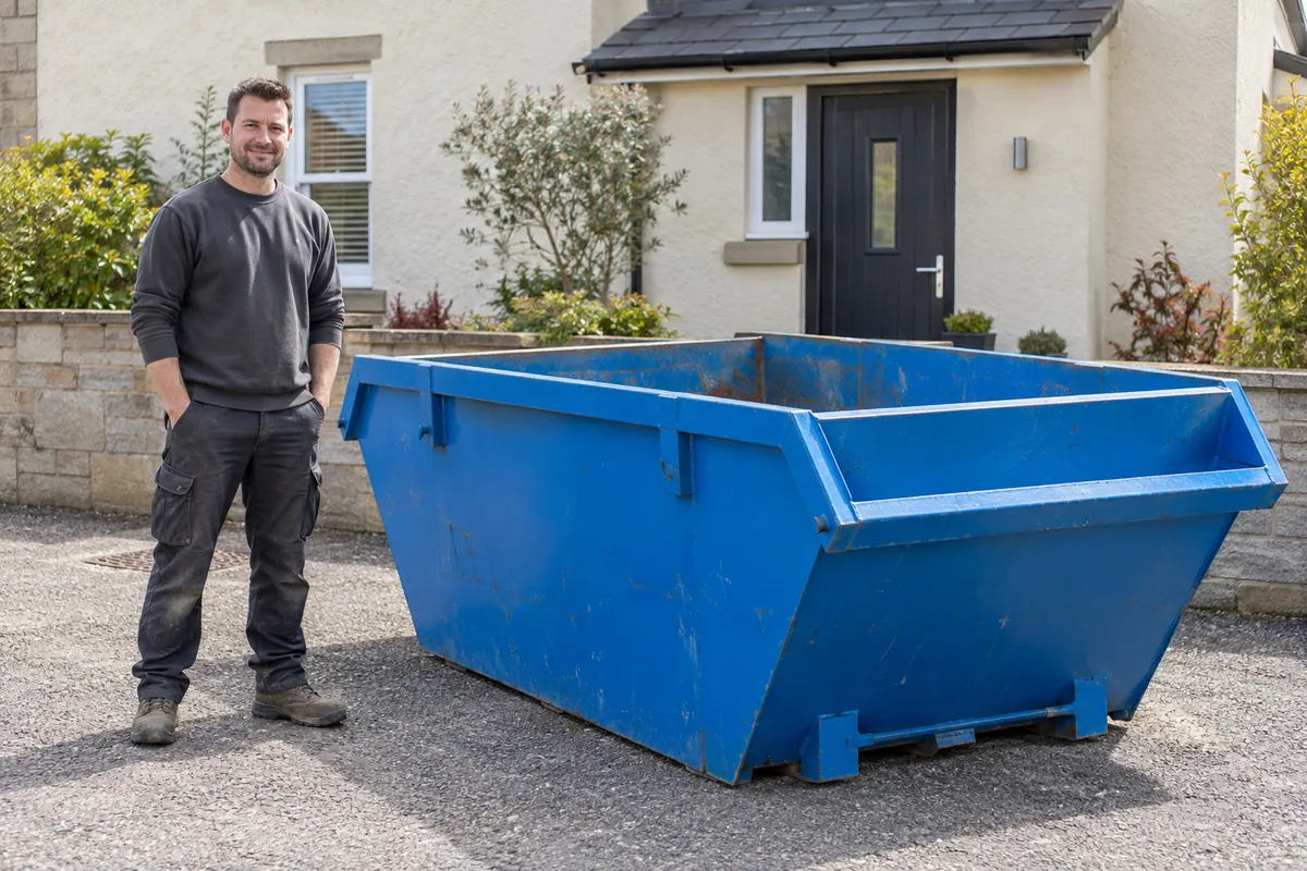 Adult standing beside a 4 yard skip for scale