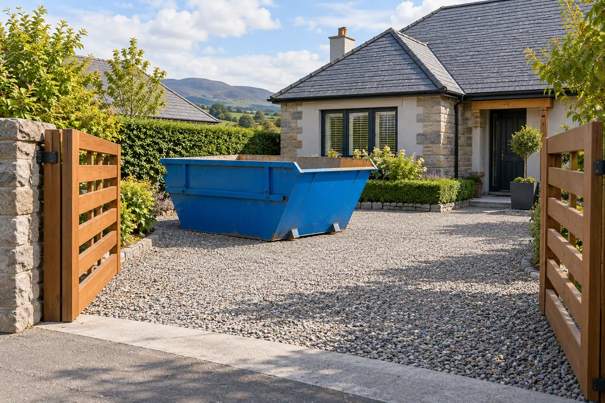 Clear entrance and access beside a blue skip
