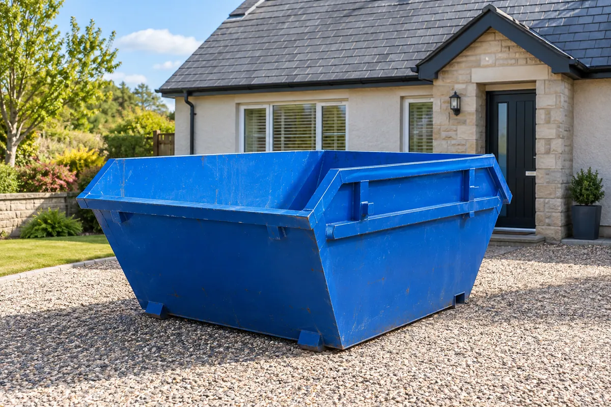 Blue builders’ skip on a private driveway