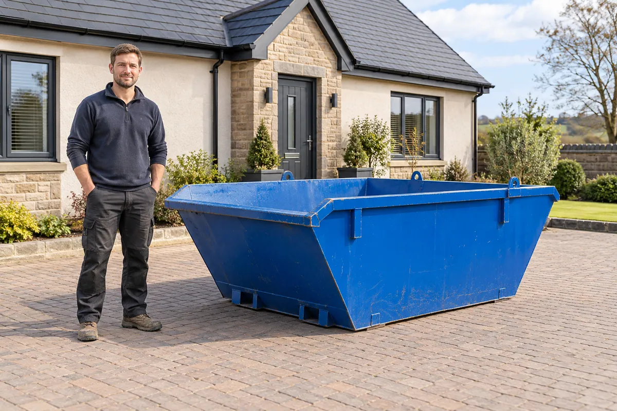 Adult standing beside a 4 yard skip for scale