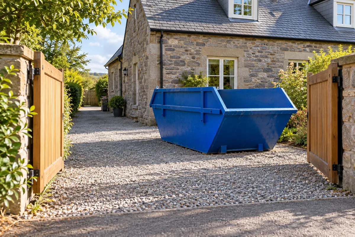 Clear entrance and access beside a blue skip