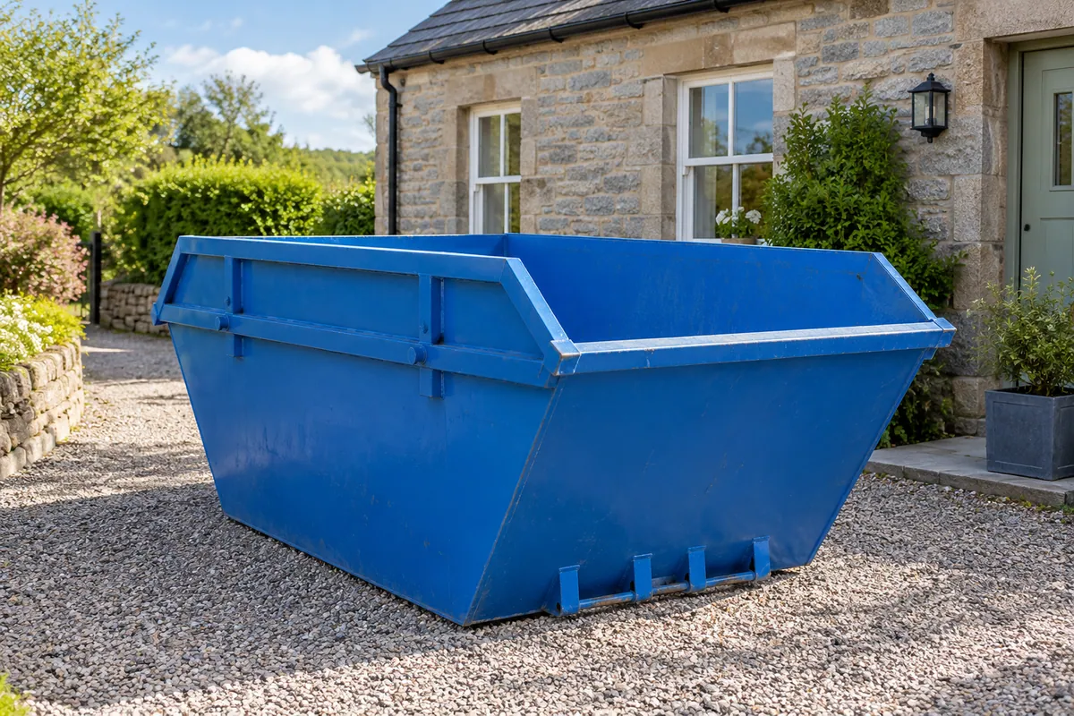 Blue builders’ skip on a private driveway