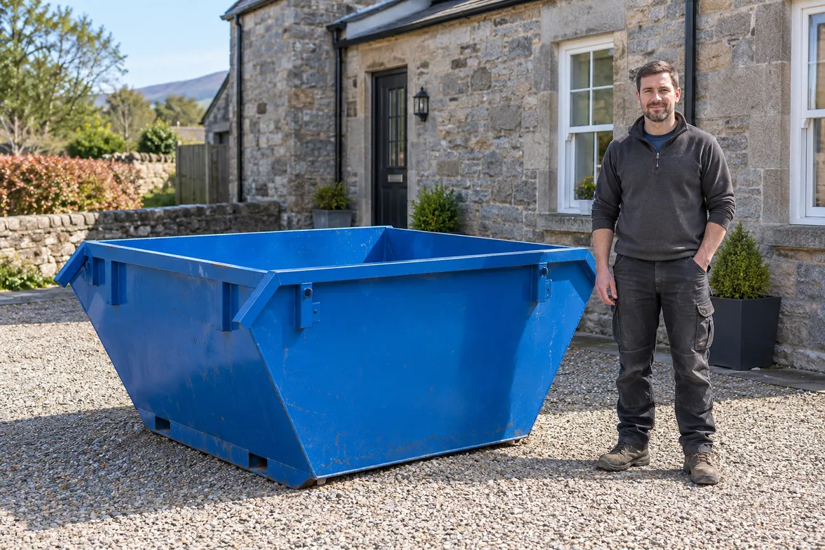 Adult standing beside a 4 yard skip for scale