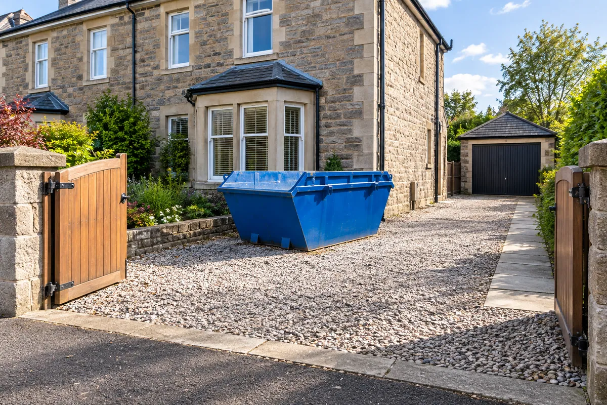Clear entrance and access beside a blue skip