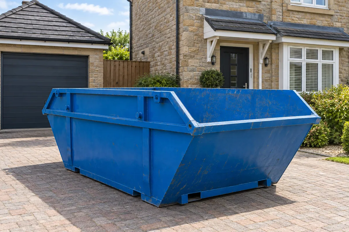 Blue builders’ skip on a private driveway