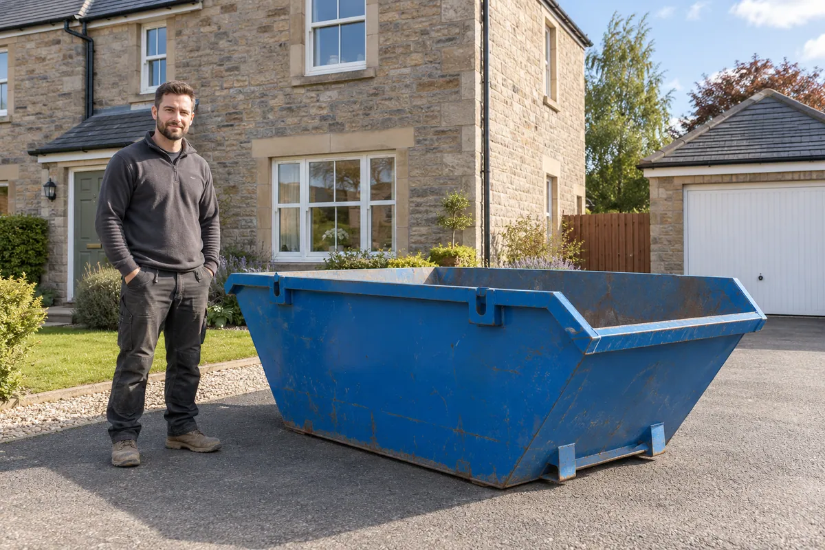 Adult standing beside a 4 yard skip for scale