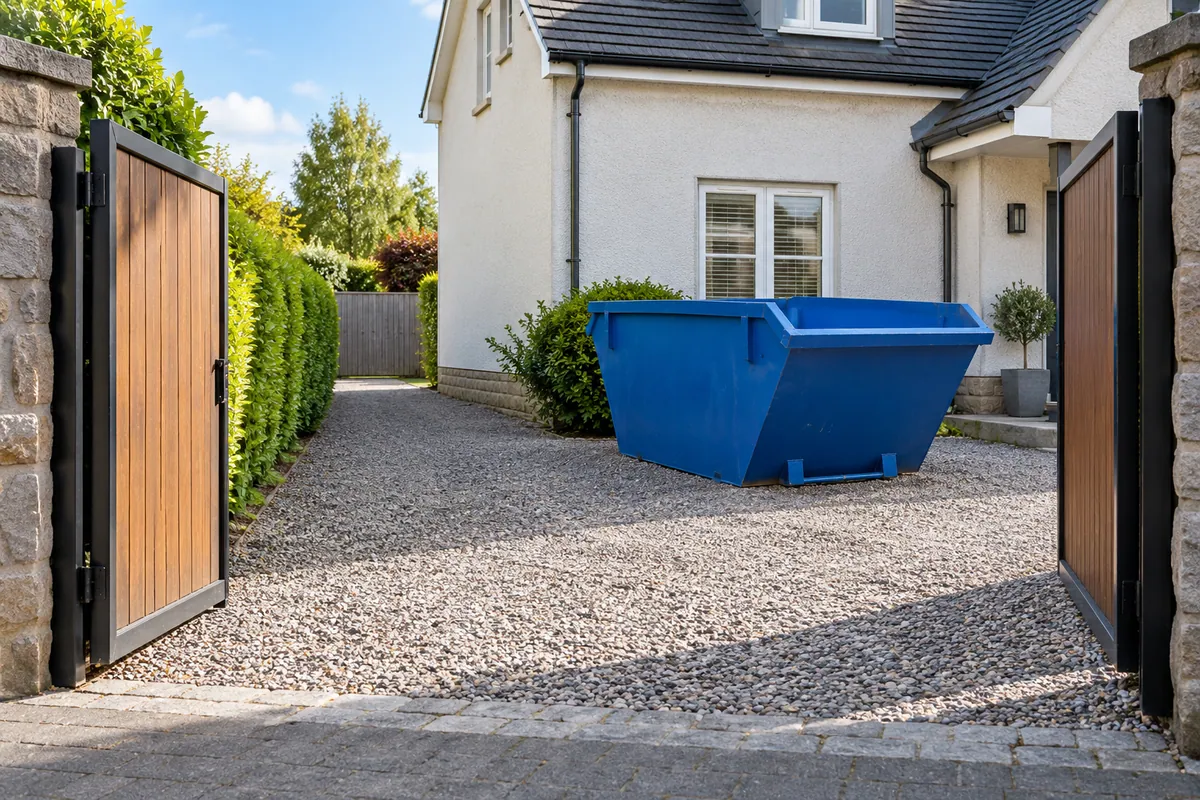 Clear entrance and access beside a blue skip