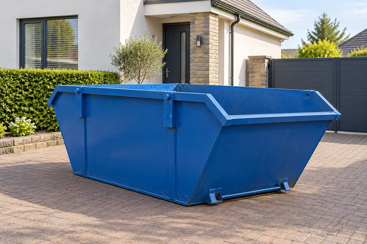 Blue builders’ skip on a private driveway