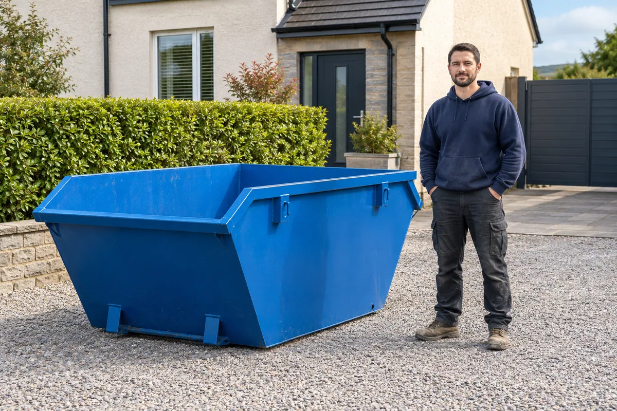 Adult standing beside a 4 yard skip for scale