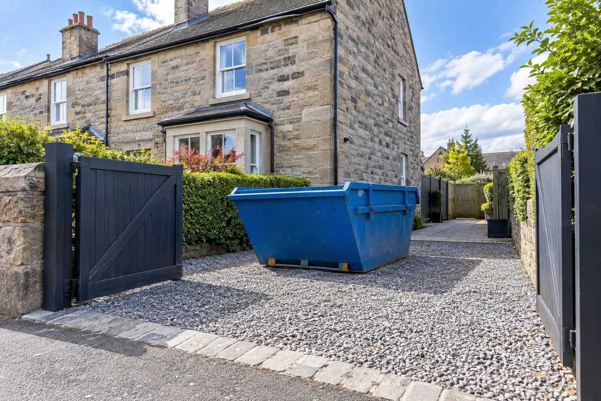 Clear entrance and access beside a blue skip