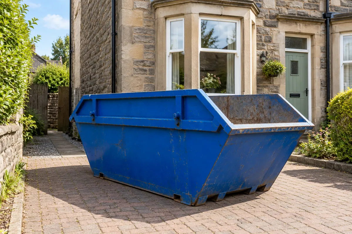 Blue builders’ skip on a private driveway