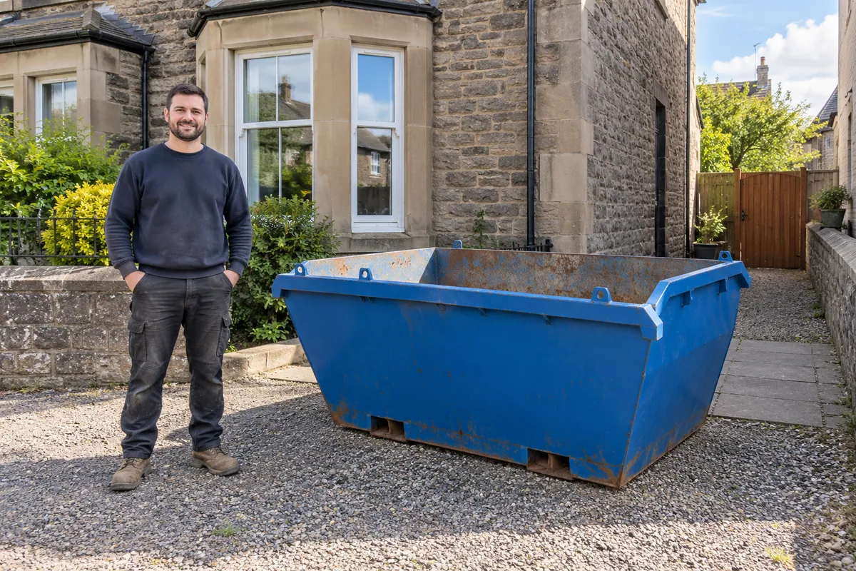 Adult standing beside a 4 yard skip for scale
