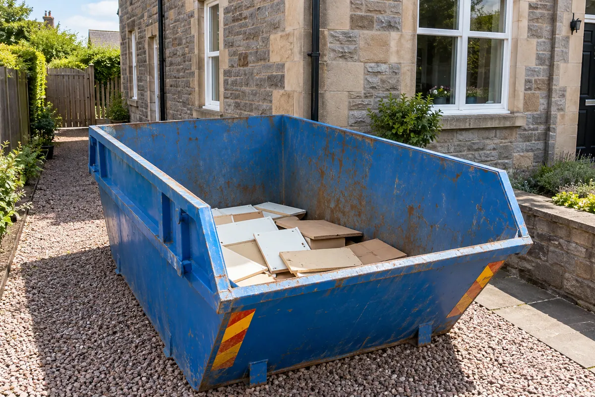 Agreed waste kept well below the rim of a blue skip