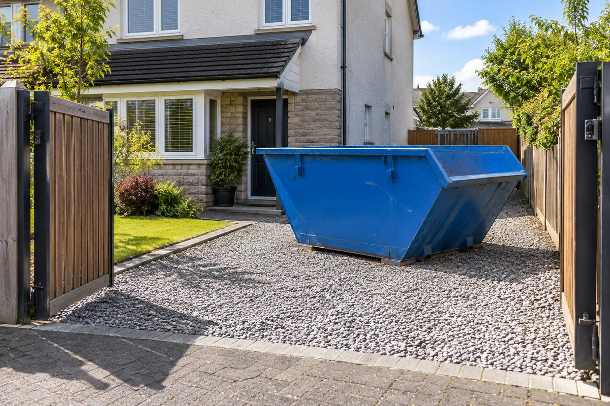 Clear entrance and access beside a blue skip