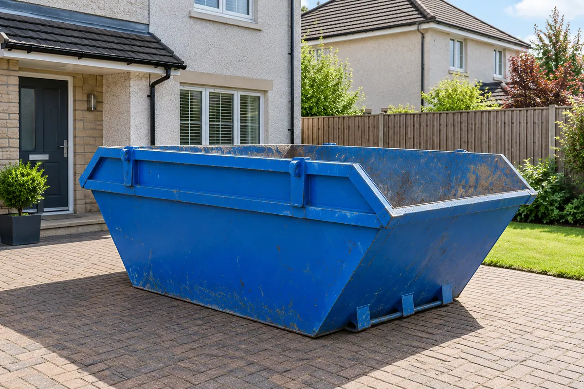 Blue builders’ skip on a private driveway