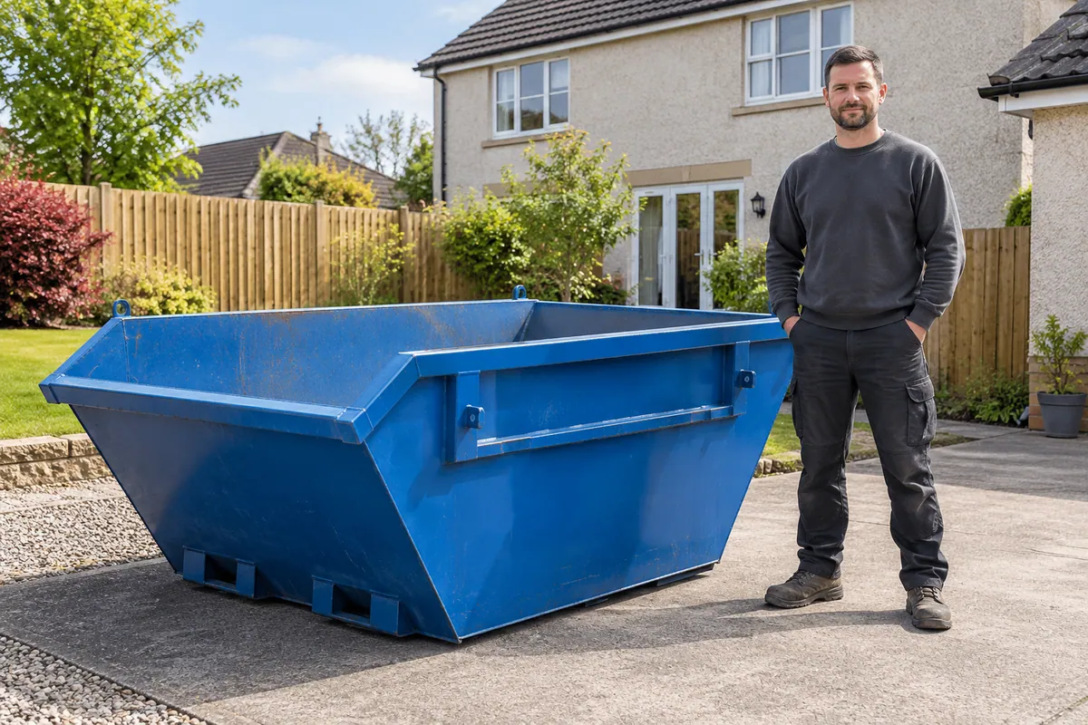 Adult standing beside a 4 yard skip for scale