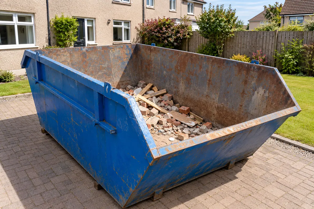 Agreed waste kept well below the rim of a blue skip
