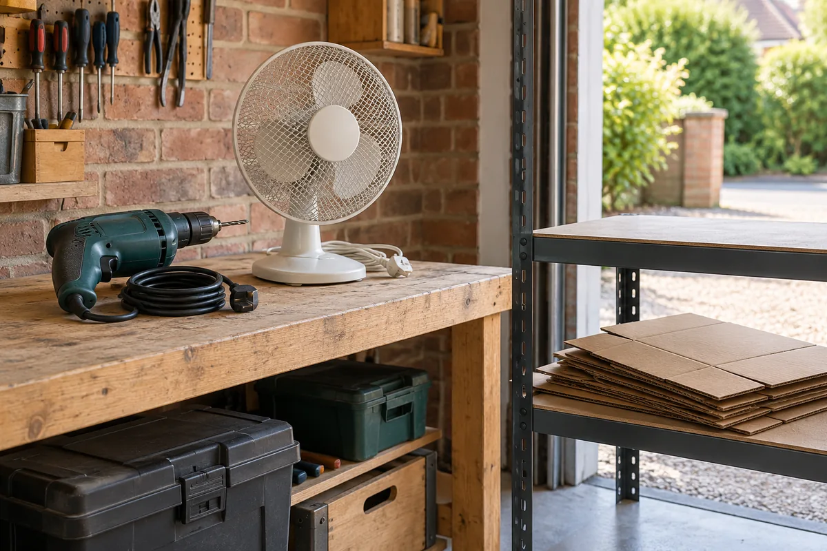 Unplugged electric drill and table fan kept apart from cardboard boxes