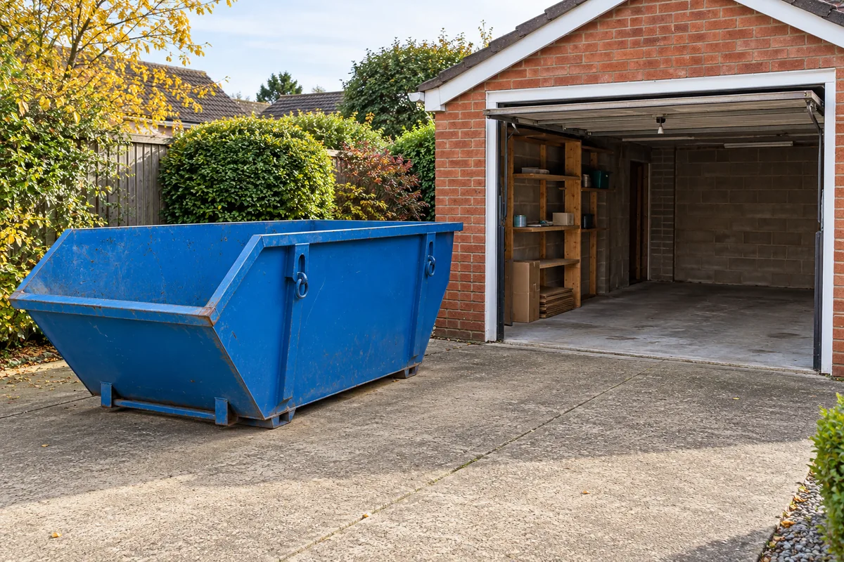 Empty blue skip beside an open brick garage with a clear entrance