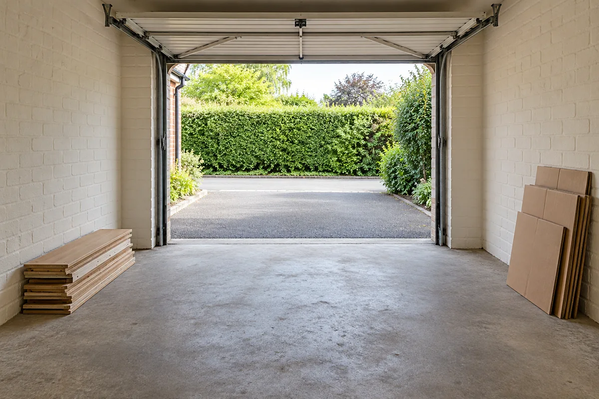 Clear walking route through a garage past neatly stored timber and boxes
