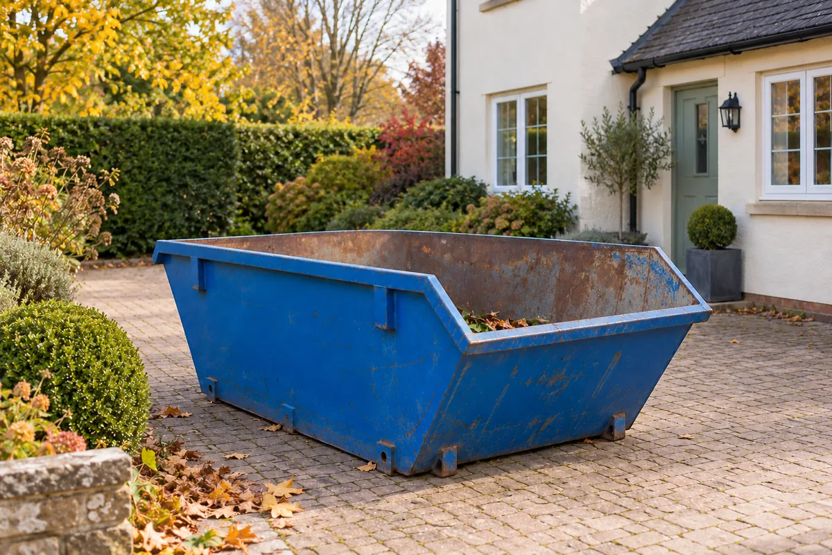 Blue skip with a shallow layer of leaves on a private driveway