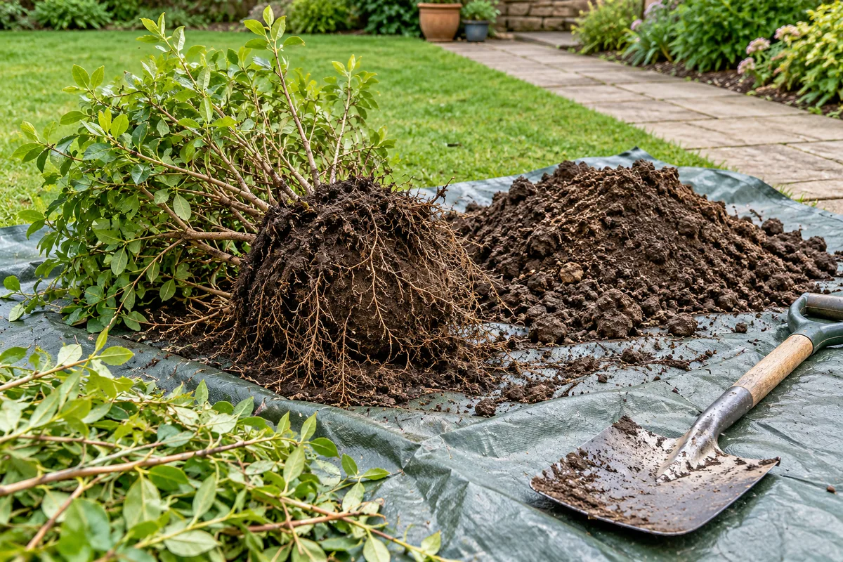 Shrub roots with soil attached beside a separate pile of earth