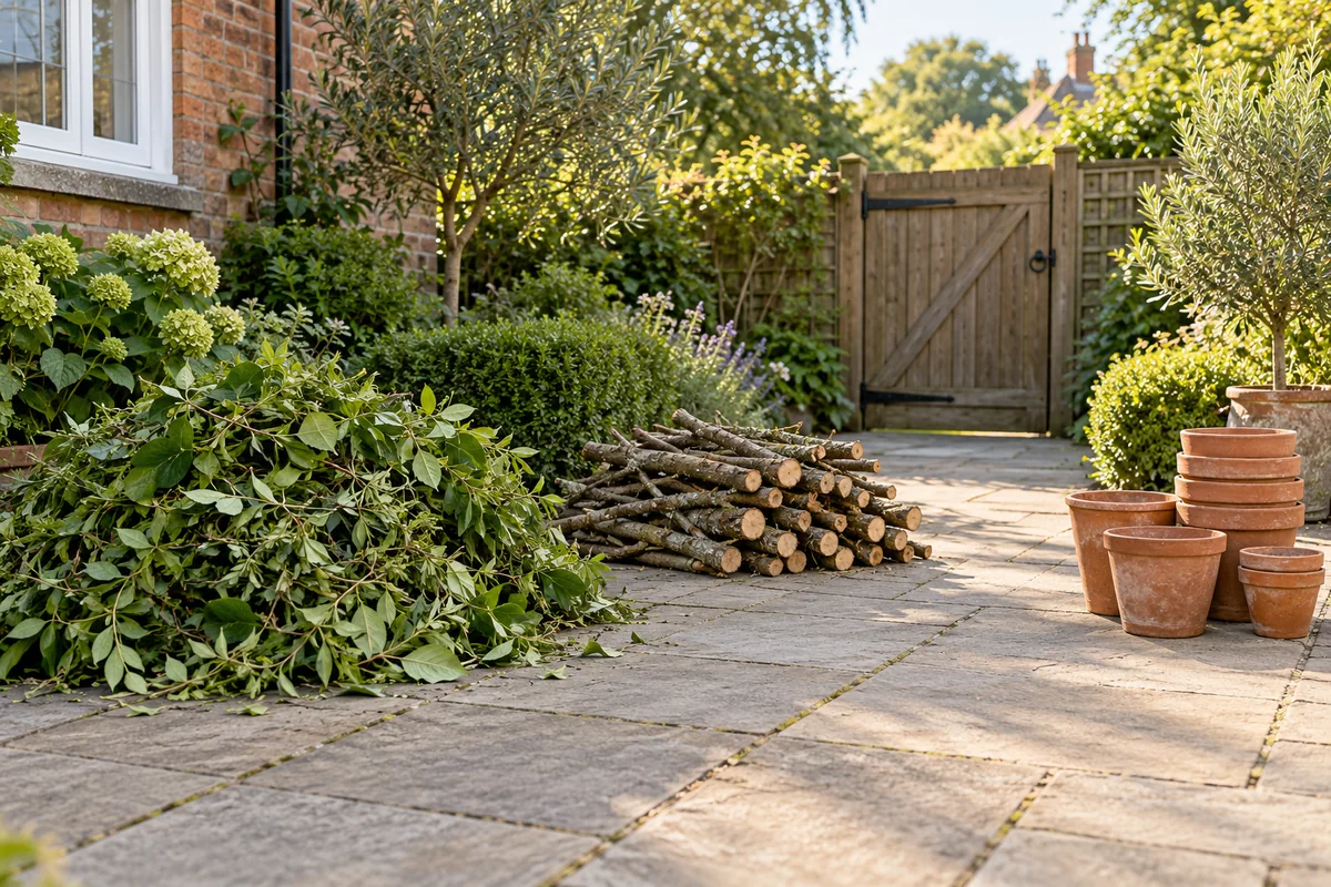 Hedge cuttings, short branches and empty terracotta pots kept separate