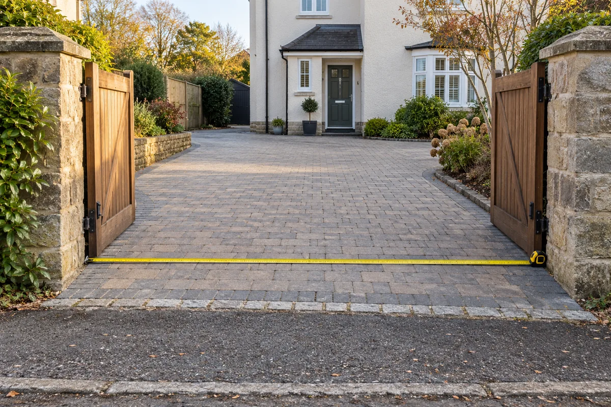 Tape measure across a clear driveway entrance between stone gateposts