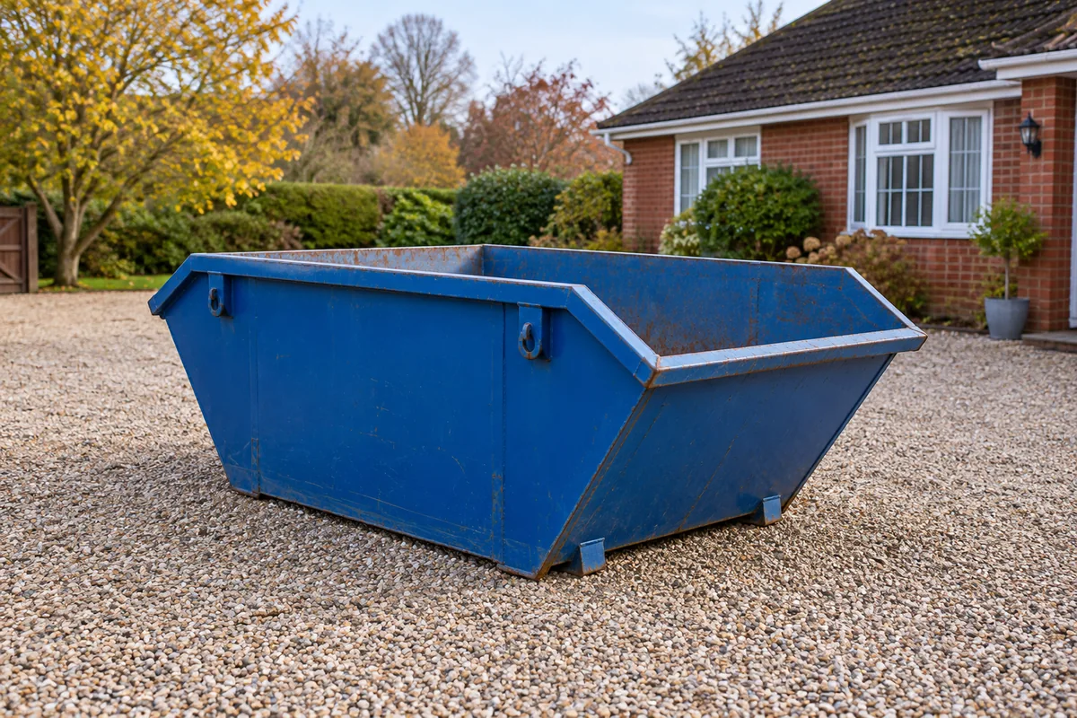 Empty blue midi skip on a broad paved driveway