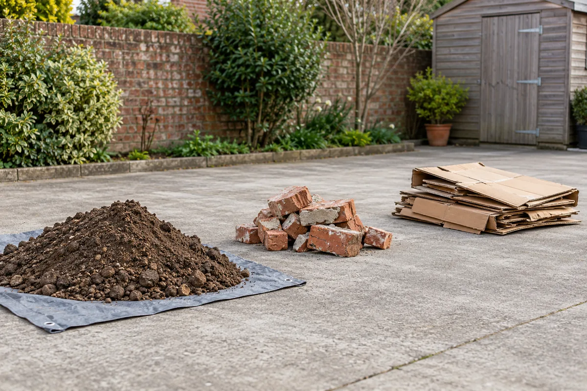 Small separate piles of soil, bricks and light cardboard from a home project