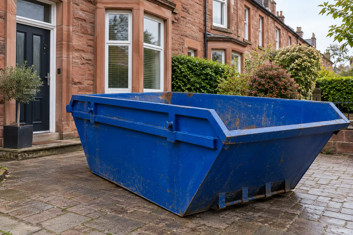 Blue builders’ skip on a driveway beside red sandstone houses
