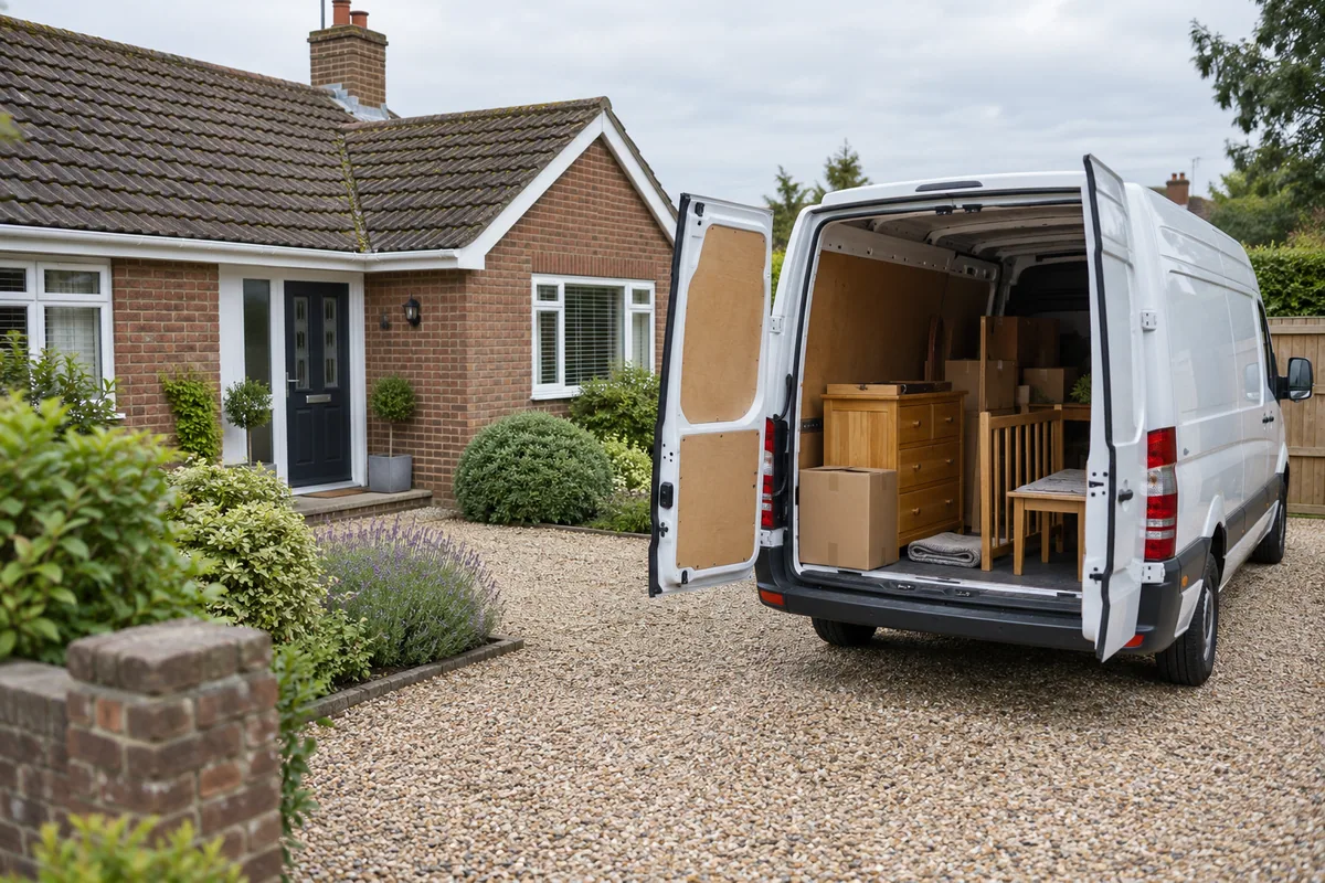 Open white collection van on a gravel driveway