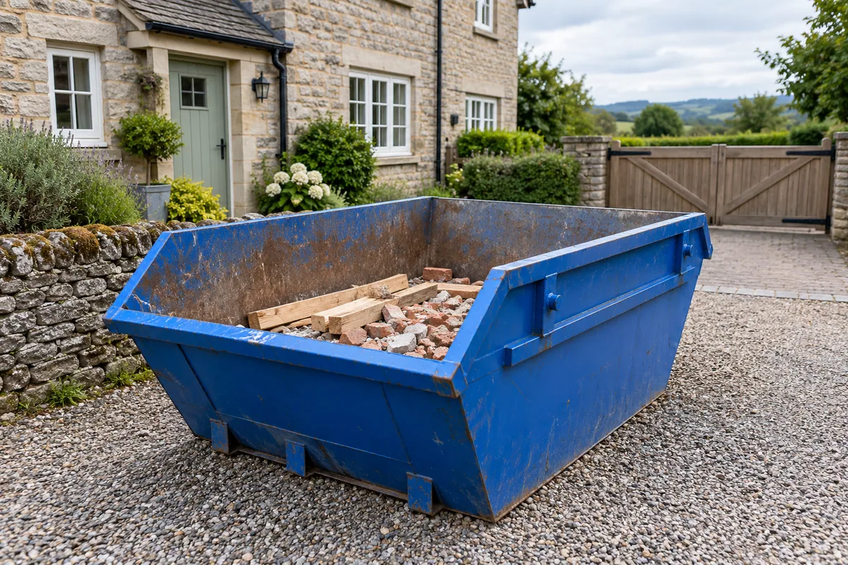 Blue skip with a low layer of building waste outside a stone house