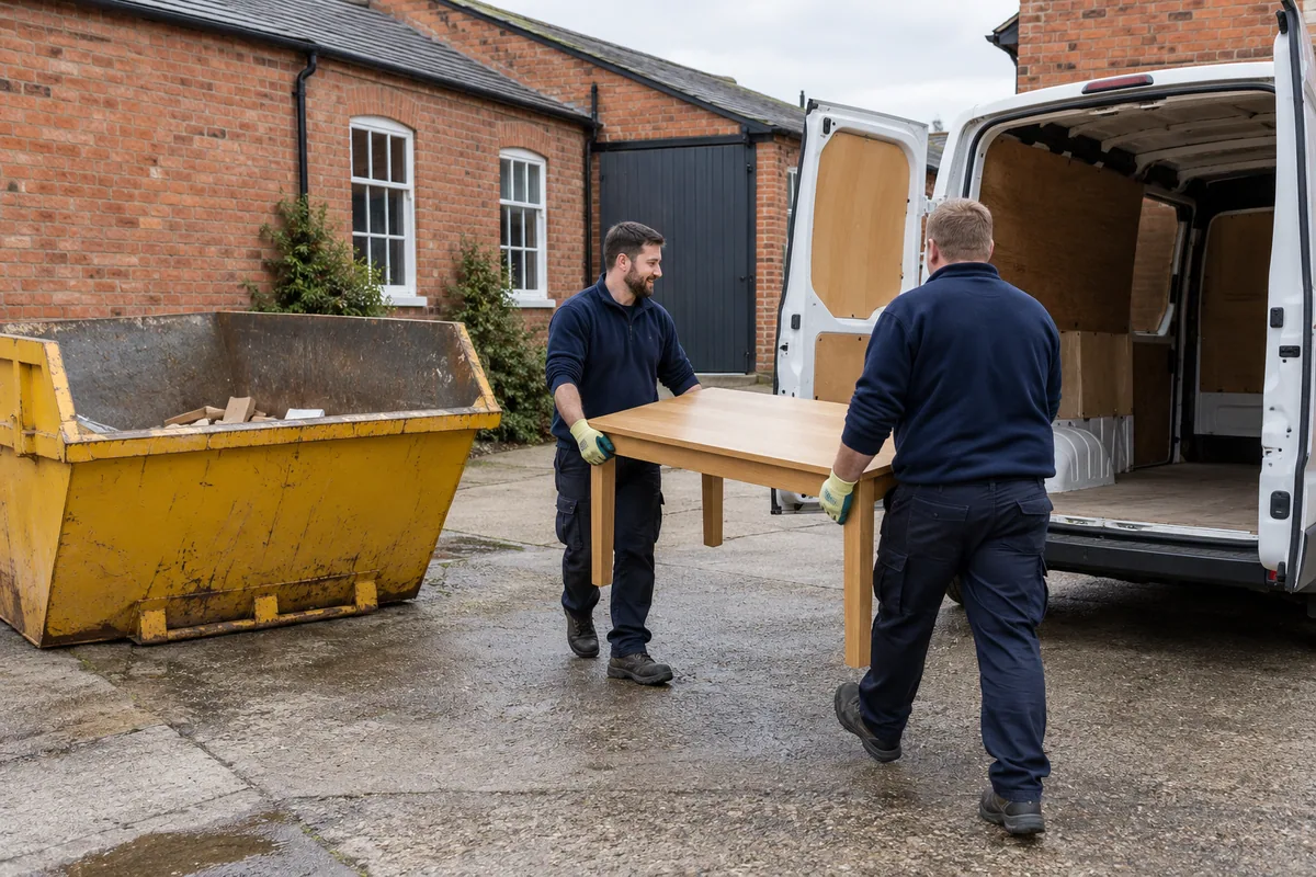 Two workers carrying a table towards a rubbish collection van