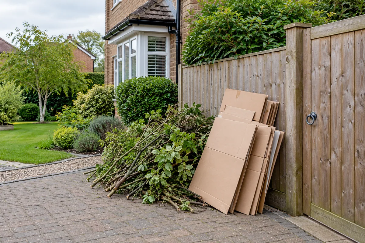 Garden cuttings and flattened cardboard ready for collection