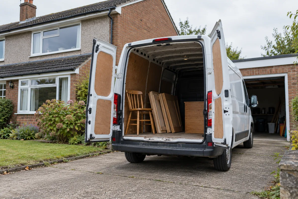Wooden household furniture loaded in a white van