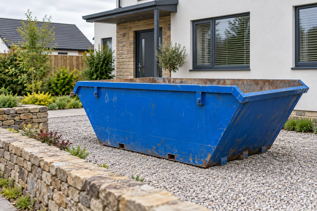 Empty blue skip outside a modern home