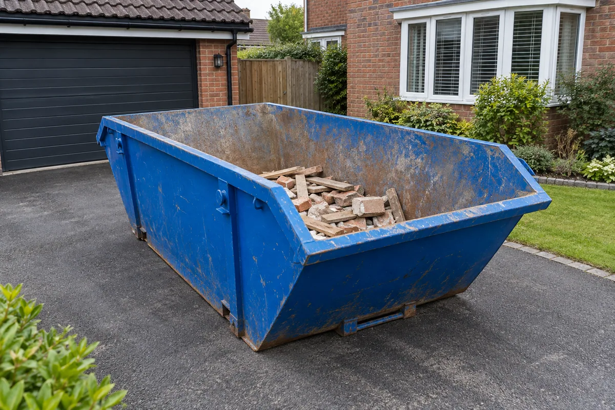 Short wood offcuts and bricks below the rim of a blue skip