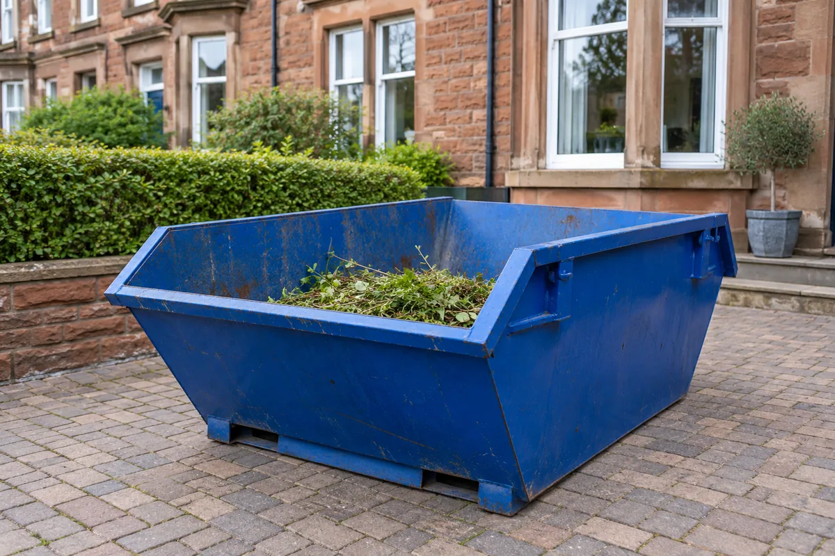 Blue skip with garden waste beside red sandstone houses